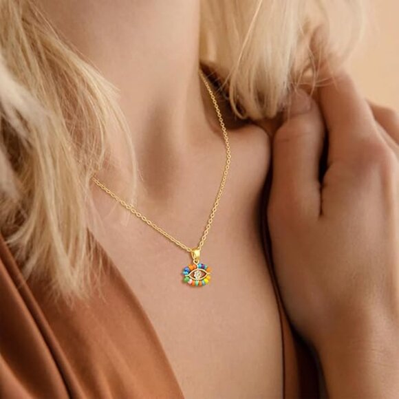 Neiman Marcus 14K Gold Plated Evil Eye Colorful Gold Necklace - Picture 1 of 5